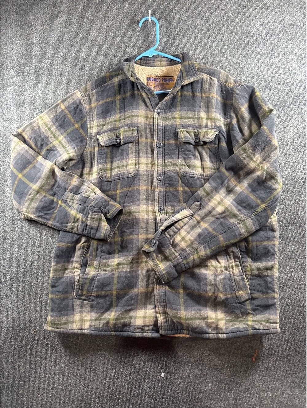 Rugged Point Men's L Plaid Sherpa Lined Flannel Shirt Jacket Shacket Gray